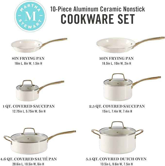 Martha Stewart Lockton Premium Non stick Non Toxic PFA Free Ceramic Interior 10 Piece Heavy Gauge Enamel Aluminum Pots and Pans Cookware Set - Linen White w/Gold Handle