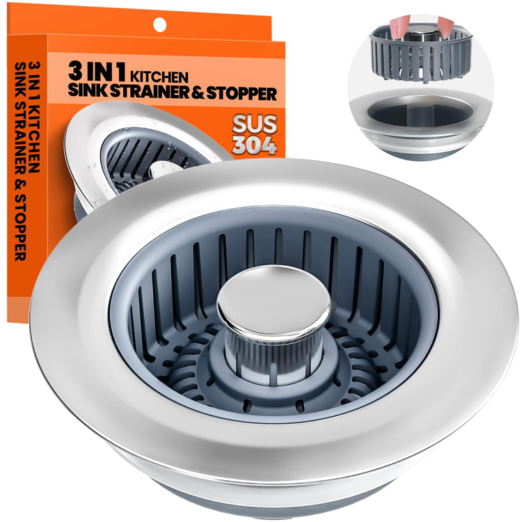 3 in 1 Kitchen Sink Drain Strainer and Stopper Silver 1 Pack