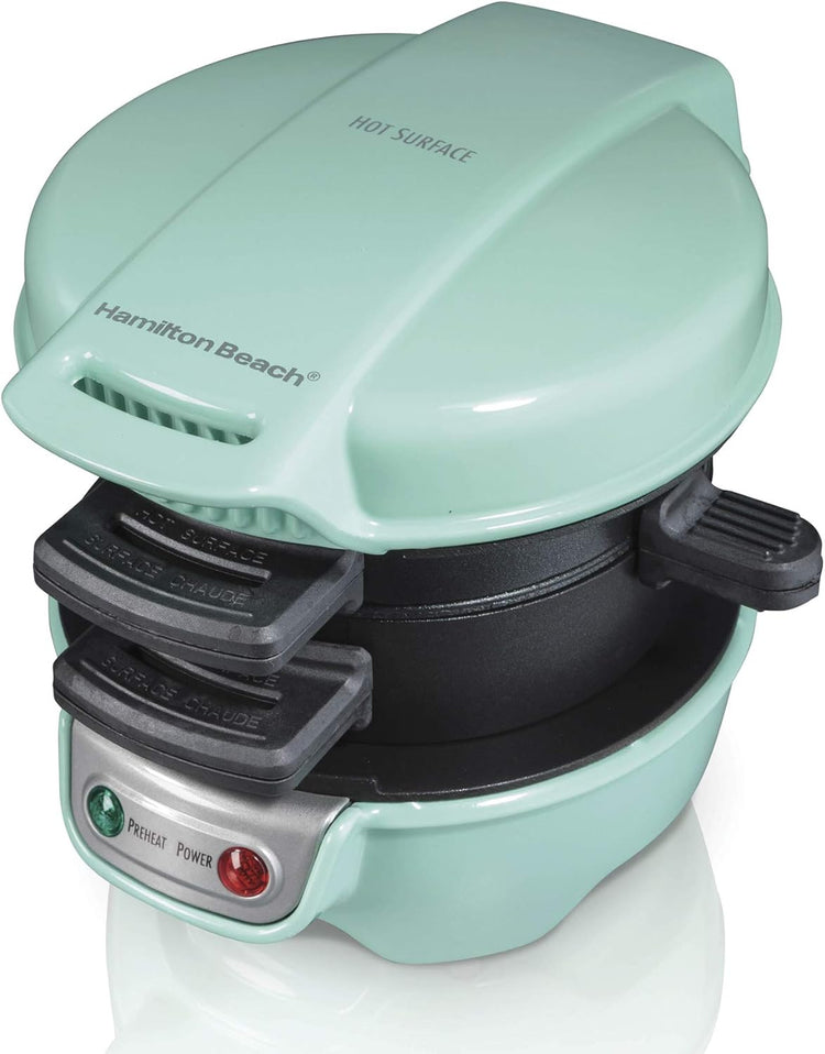 Hamilton Beach Breakfast Sandwich Maker with Egg Cooker Ring, Customize Ingredients, Perfect for English Muffins, Croissants, Mini Waffles, Perfect White Elephant Gifts, Mint (25482)