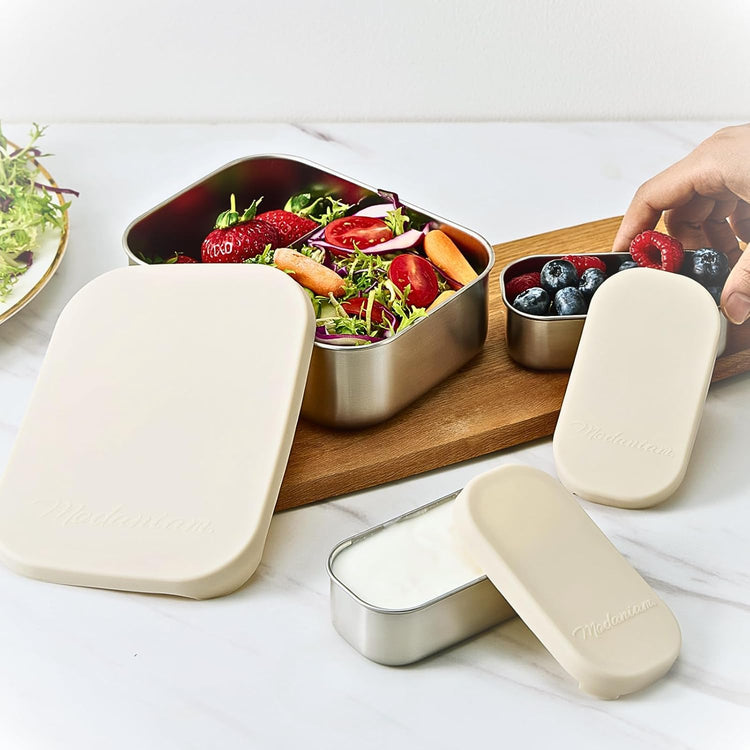 Flexibento - Leak proof Stainless Steel Lunch Box | Lunch Containers| Steel Bento Box |Sandwich Containers| Snack Containers |Metal lunch Box |Vanilla| 1 * 27 OZ+2 * 6.5 OZ|SIlicone lids