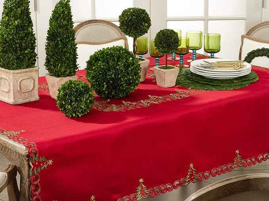 Fennco Styles Pandoro Collection Holiday Embroidered Christmas Tree Cutwork Border 67 x 140 Inch Tablecloth – Red Table Cloth for Christmas Dinner, Family Gathering, Special Events and Home Décor