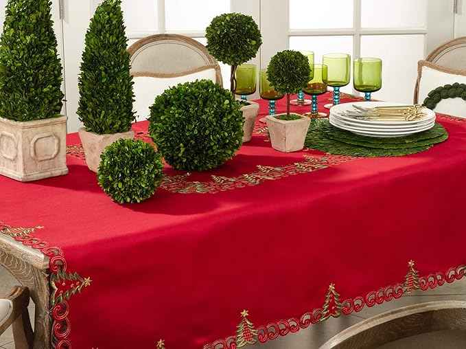 Fennco Styles Pandoro Collection Holiday Embroidered Christmas Tree Cutwork Border 67 x 160 Inch Tablecloth – Red Table Cloth for Christmas Dinner, Family Gathering, Special Events and Home Décor