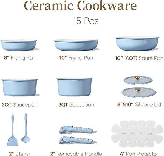 CAROTE 15Pcs Ceramic Cookware Set, Pots and Pans Set Non Stick, Kitchen Cooking Set with Detachable Handle, Non Toxic Induction Cookware, Dishwasher/Oven Safe