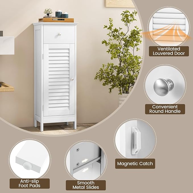 COSTWAY Bathroom Storage Cabinet, Single Door Storage Organizer w/ 1 Drawer & Adjustable Shelf, Freestanding Narrow Slim Floor Cabinet for Living Room Bedroom Hallway (White)