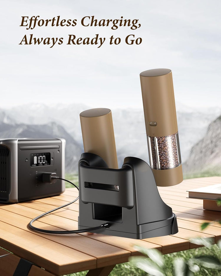 Electric Salt and Pepper Grinder Set - Automatic Refillable Salt and Pepper Grinders with Charging Base & LED Light, 6-Level Adjustable Coarseness with External Dial, Ideal Kitchen Gadget，Brown