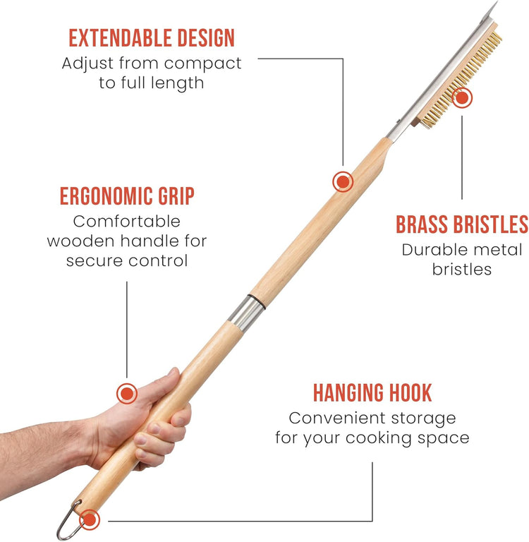 Chef Pomodoro Pizza Oven Brush with Scraper - Adjustable Handle (55cm to 87.7cm), Pizza Stone Brush, Pizza Oven Cleaning Brush, Outdoor Pizza Oven Accessories for Pizza Stones, BBQ Grill, and Ovens