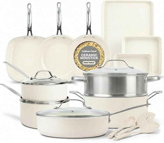 GOTHAM STEEL 20 Pc Ceramic Cookware Set Nonstick, Ceramic Pots and Pans Set Non Stick for Kitchen with Bakeware, Cooking Utensils & Steamer, Non Toxic PFOA PFOS Free, Oven & Dishwasher Safe