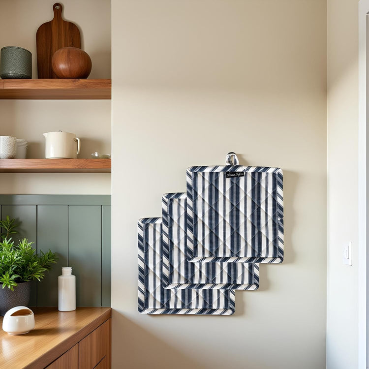 AMOUR INFINI Double Stripe Pot Holders Heat Resistant Cotton Set of 3 Nonslip 8"x8" Inch Hot Pads for Kitchen, BBQ, Baking & Cooking with Hanging Loops (Blue)