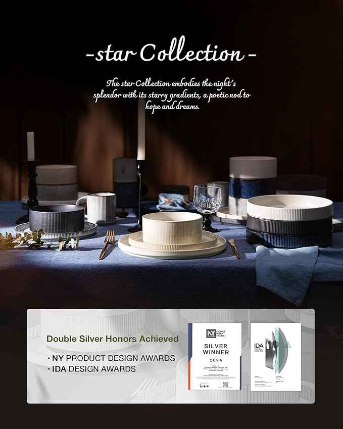 Famiware Star Dinnerware Set with Mugs, Service for 6 (24 Pieces), Ribbed Stoneware Plates and Bowls Dishes Sets - Chip & Scratch Resistant, Microwave & Dishwasher Safe, Nebulas Blue