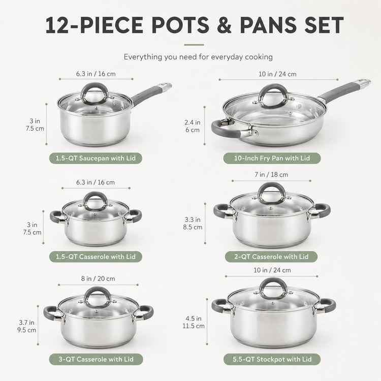 Basics Stainless Steel Cookware Sets (12 Count)