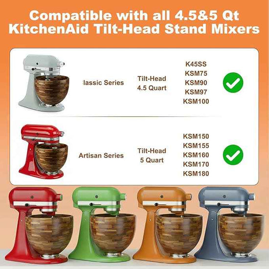 5 Qt Solid Wood Mixing Bowl Compatible with KitchenAid Tilt-Head Stand Mixer, Handcrafted Natural Wooden Bowl for 4.5-5 Qt K45SS KSM75 KSM150, Ideal for Bread Dough & Salads (Light Brown)