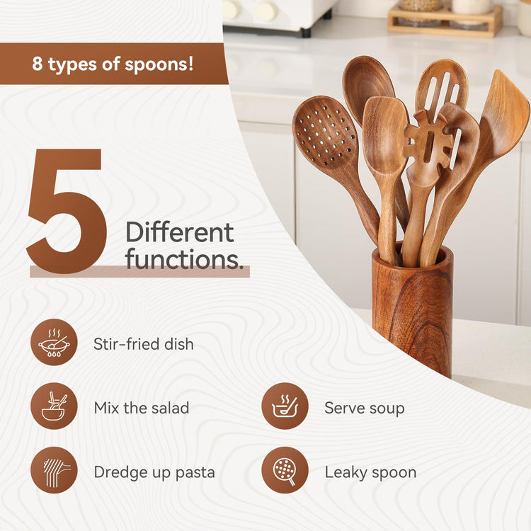 Kitchen 10PCS Teak Wooden Utensils Set With Holder and Spoon Rest (10 Count)