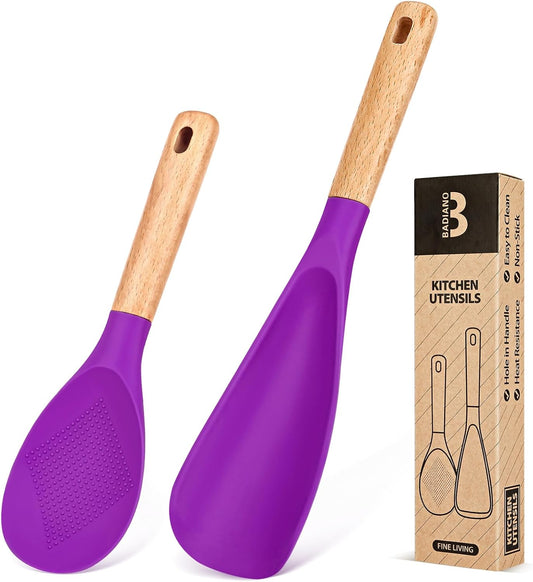 Cooking Spoon and Rice Scooper for Nonstick Cookwares, Great for Cooking and Serving Sturdy BPA-Free Matte Silicone, Wood Handle Spoon for Mixing, Scoop, and Scrape (BERRY) - Nestoria