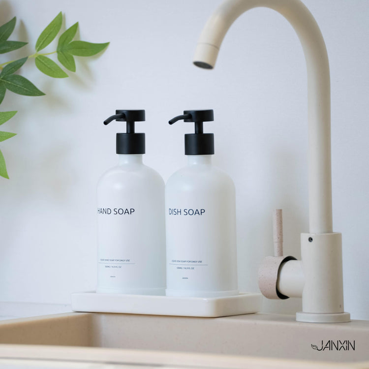 Glass Kitchen Soap Dispenser Set with Ceramic Tray