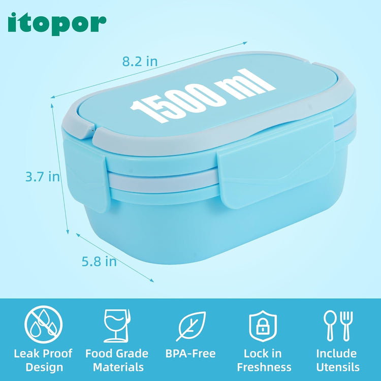 Bento Box Adult Lunch Box with Hidden-Handle, Leak-Proof Lunch Containers for Adults & kids, 2-Layer 5-Compartment 6 Cup with Utensils, Blue