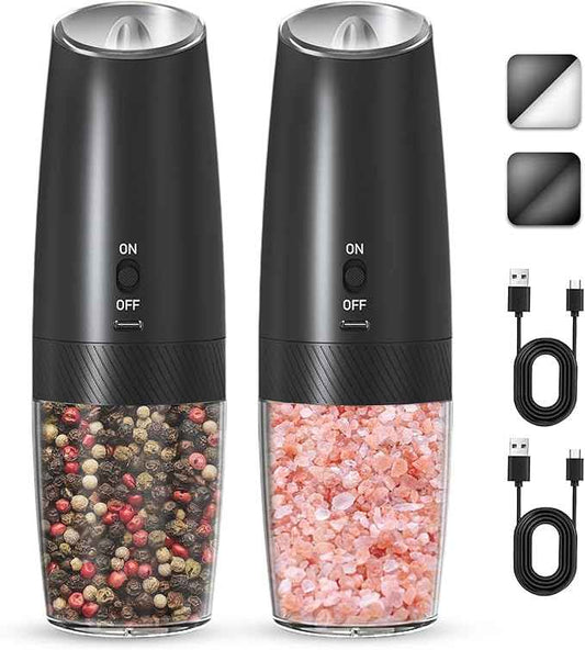 Rechargeable Salt And Pepper Grinder Set, Gravity Electric Salt And Pepper Grinder Set Electric, Salt And Pepper Shakers Set Electric, Adjustable Coarseness, LED Light, (Black+Black)