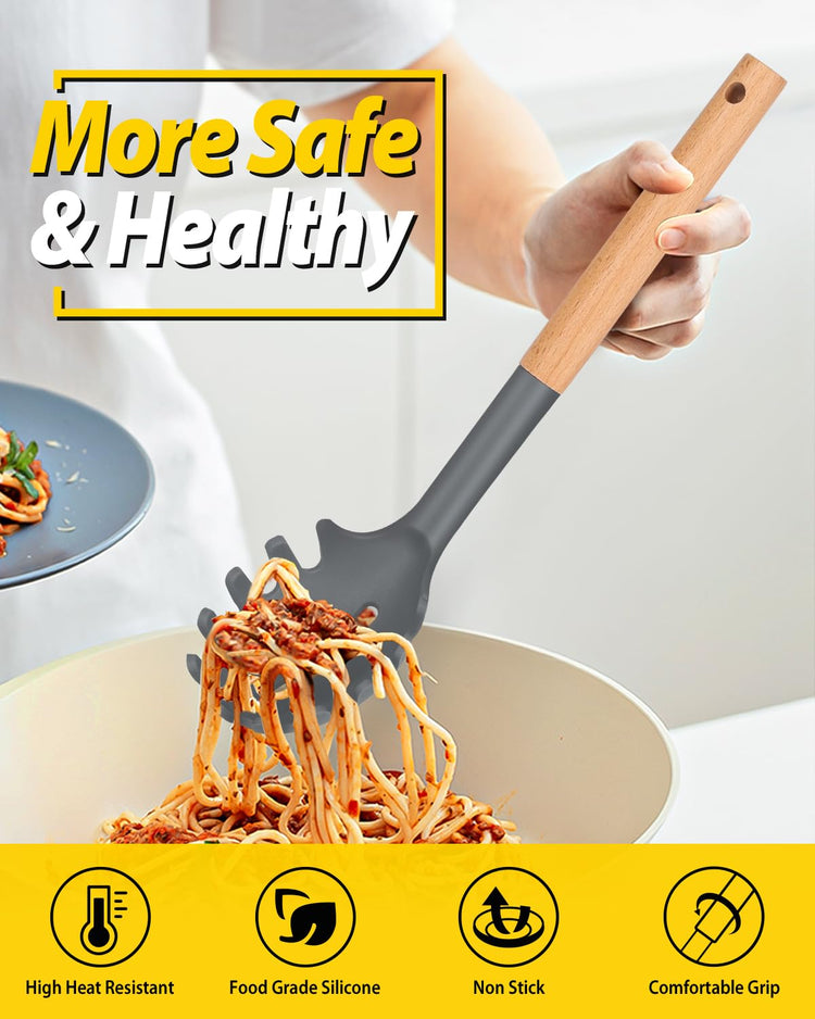 Silicone Pasta Fork and Ladle Spoon Set with Wooden Handle (2 Count)