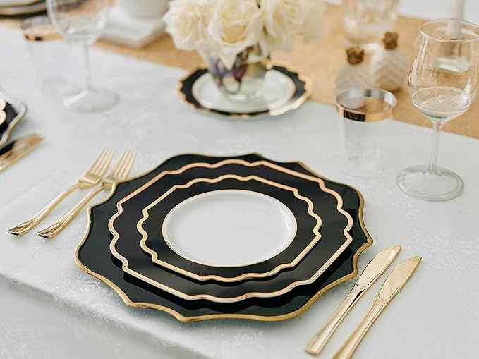 " OCCASIONS " 960 Piece set (120 Guests)-Heavyweight Wedding Party Disposable Plastic Plate Set - 120 x 10.5'' + 120 x 8'' + Silverware + Cups + Napkins (Imperial in White & Black & Gold)