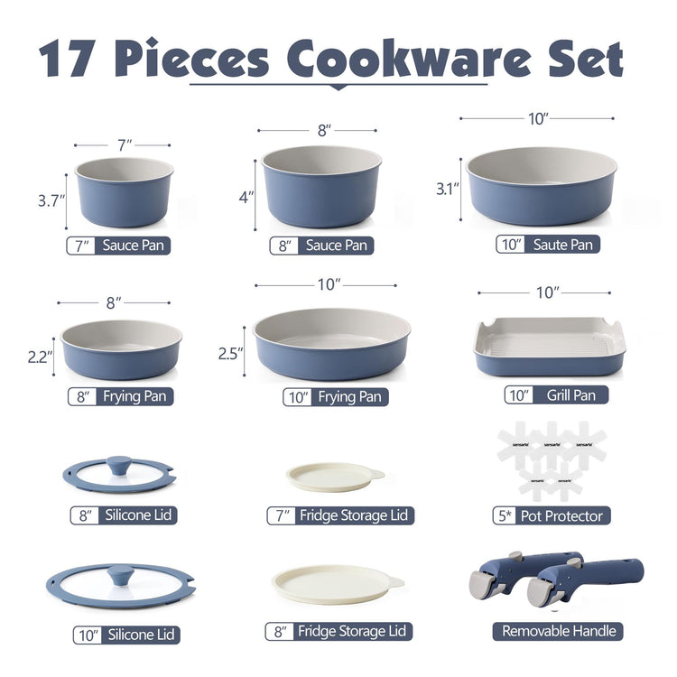 17 Piece Ceramic Detachable Handle Pots and Pans Set Navy