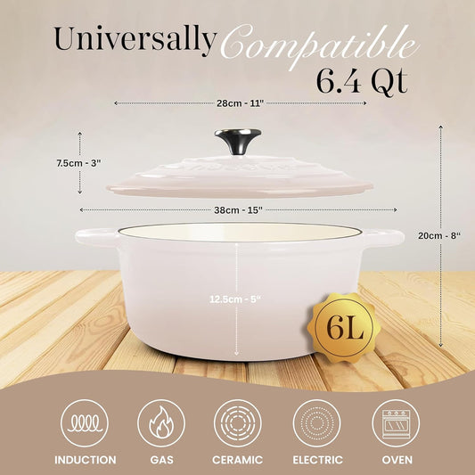 Nuovva Enamelled Cast Iron Dutch Oven Pot with Lid 6.4 Quart Non Stick Casserole Pot – Heavy Duty & Oven Safe up to 500° F for Bread Baking, Braising, Stews, Roasting – 28cm Oyster - Nestoria