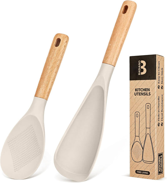 Cooking Spoon and Rice Scooper for Nonstick Cookwares, Great for Cooking and Serving Sturdy BPA-Free Matte Silicone, Wood Handle Spoon for Mixing, Scoop, and Scrape (KHAKI) - Nestoria