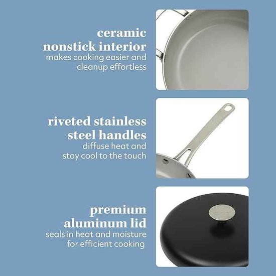 Sur La Table Kitchen Essentials Potluck Porch 10 Piece PFA Free Ceramic Non stick Interior Forged Aluminum Cookware Pots and Pans Set W/Aluminum Lids - Black - Induction Compatible