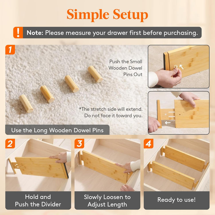 Lifewit 4 Pack 6" Deep Bamboo Drawer Dividers, 17.5-22" Expandable Drawer Organisers for Clothes, Adjustable Dresser Drawer Divider, Clothing Drawers Separators for Dresser, Bedroom, Bathroom, Office