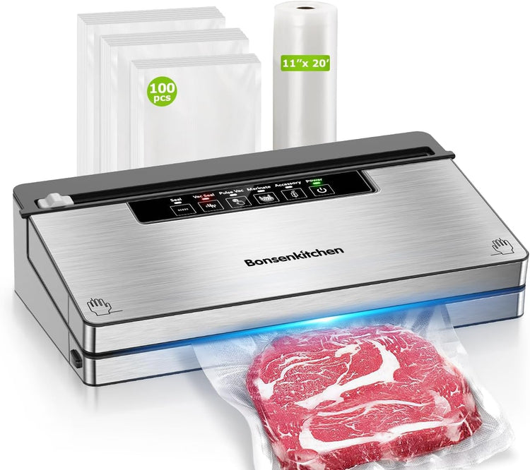 Bonsenkitchen Vacuum Sealer Machine, Stainless Steel Food Sealer Vacuum Sealers with 100 Bags & 1 Roll, 5 Food Vacuum Modes, Built-in Cutter & Bag Storage, Black
