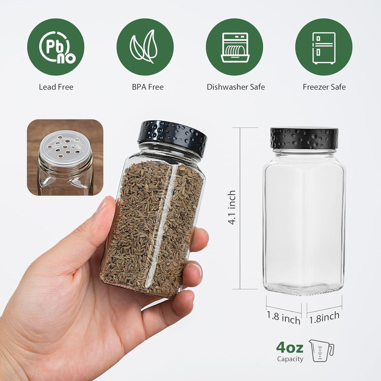 6pcs Black Spice Jars, 4 oz Glass Seasoning Bottles, Spices Container, Empty Spice Jars, Square Spice Bottles with Airtight Plastic Caps with Shaker Lids