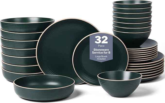 Stone Lain Lauren Modern Stoneware 32-piece Round Dinnerware Set, Plates and Bowls Set, Dish set for 8, Dark Green