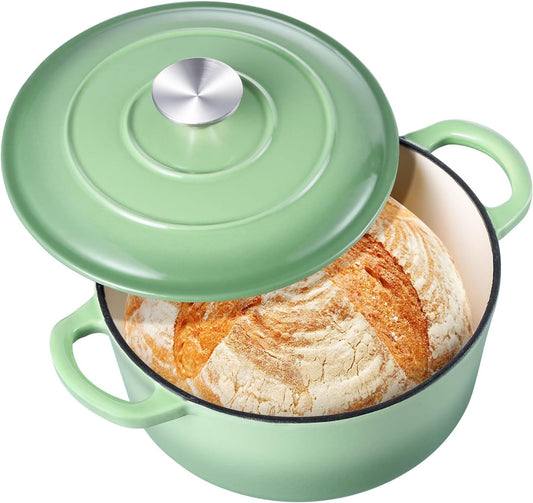 3QT Dutch Oven Pot with Lid, Leonyo 3 Quart Enameled Cast Iron Dutch Oven for Sourdough Bread Baking, Heavy Duty Cookware for Braising, Stews, Roasting, Pistachio Green - Nestoria