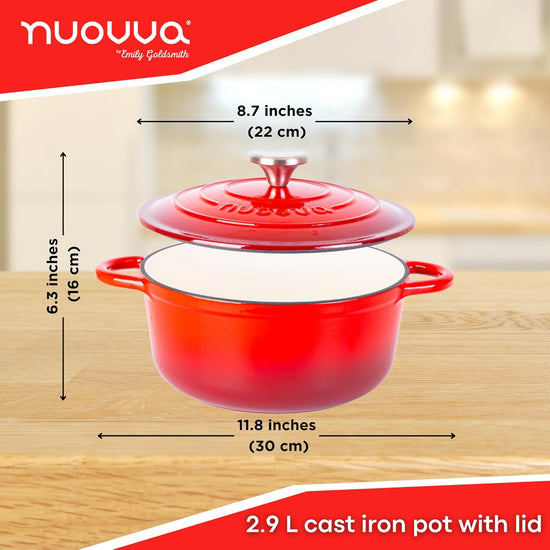 Cast Iron Dutch Oven with Lid – Non-Stick Ovenproof Enamelled Casserole Pot – Sturdy Dutch Oven Cookware – Red, 3.1-Quart, 22cm – by Nuovva - Nestoria