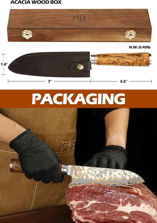 YOUSUNLONG Bunka Chef's Knives - Japanese Handmade CuMai Copper Damascus Steel Blade of 7 Inch - Professional Kitchen Knife Razor Sharp - Naturel Burl Wooden Handle with Leather and Wood Box