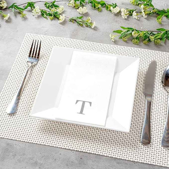 Luxenap 15.8 X 7.9 Inch Linen-Feel Guest Towels, 50 Lettered Hand Towels - Silver Letter 'T', Sans Serif Font, White Paper Dinner Napkins, airlaid, For Restrooms And Tables - Restaurantware