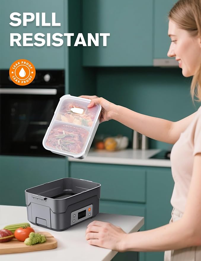 EAST OAK XL 6.3-Cup Cordless Electric Lunch Box for Adults, Heated Lunch Box for Men with Scheduled Heating, Portable Car Food Warmer with Utensils, Two-Tier Bag, Removable Divider