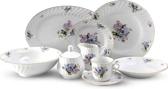 Lynns Paradise 45-Piece Serafina Dinnerware Set, 24K Gold Trim Embossed Swirl Floral Plates & Bowls Apartment Essentials Home Kitchen Dinner Accessories