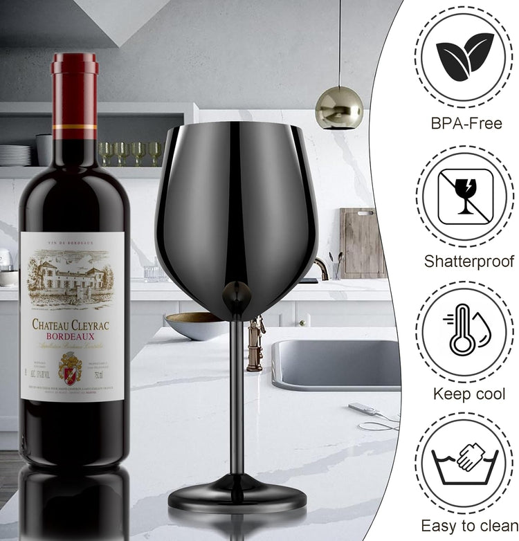 Stainless Steel Wine Glasses Set of 4 Unbreakable Wine Glass 18 oz Unique Metal Wine Goblets for Outdoor, Travel, Camping, Pool, Ideal Gift for Wine Lovers (Mirror-Black)