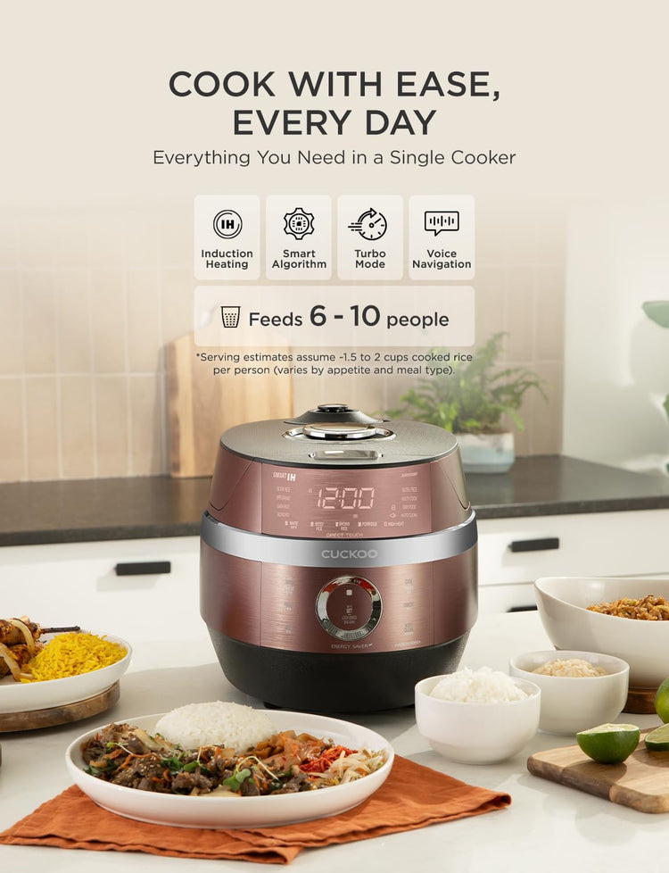CRP-JHR1009F | 10-Cup (Uncooked) Induction Heating Pressure Rice Cooker | 19 Menu Options, Auto-Clean, Voice Guide, Made in Korea | Copper