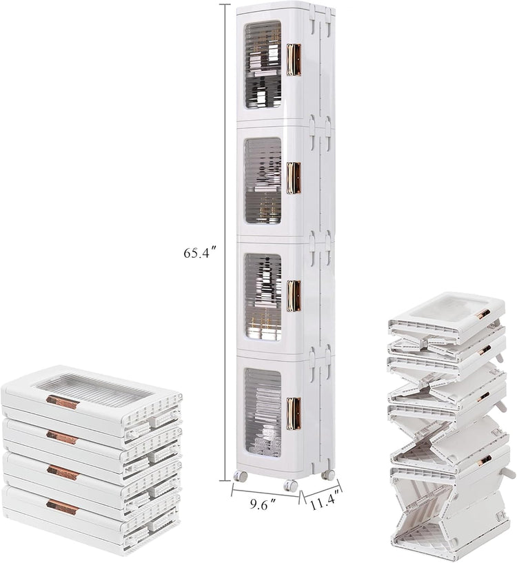 VECELO 4-Tier Plastic Tall Narrow Storage Cabinet with Movable Wheels, Adjustable Shelves, Magnetic Doors, Slim Bathroom Organizers and Storage for Small Space, Bathroom, Kitchen, Laundry, White