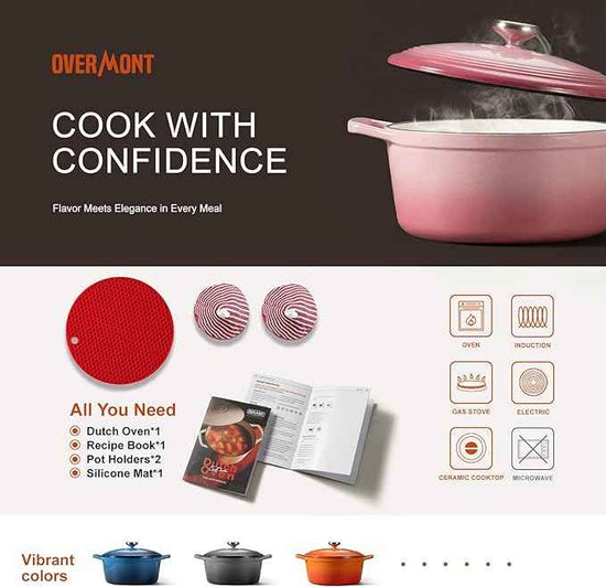 Overmont Refined Enameled Cast Iron Dutch Oven - 5.5QT Pot with Wide Handles Lid Cookbook & Cotton Potholders - Heavy-Duty Pre-Seasoned Cookware Oven Safe to 500°F for Braising, Stews, Roasting, Bread Baking