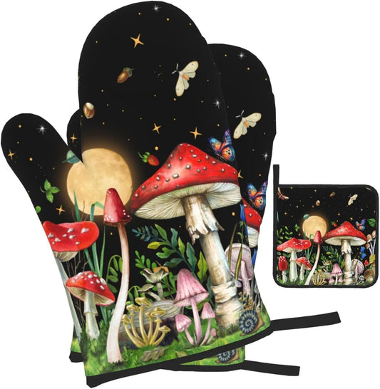 Cute Mushroom Oven Mitts and Pot Holders Sets of 3 Holiday Kitchen Decor Heat Resistant Witchy Hot Pads Oven Gloves for Cooking Grilling Baking