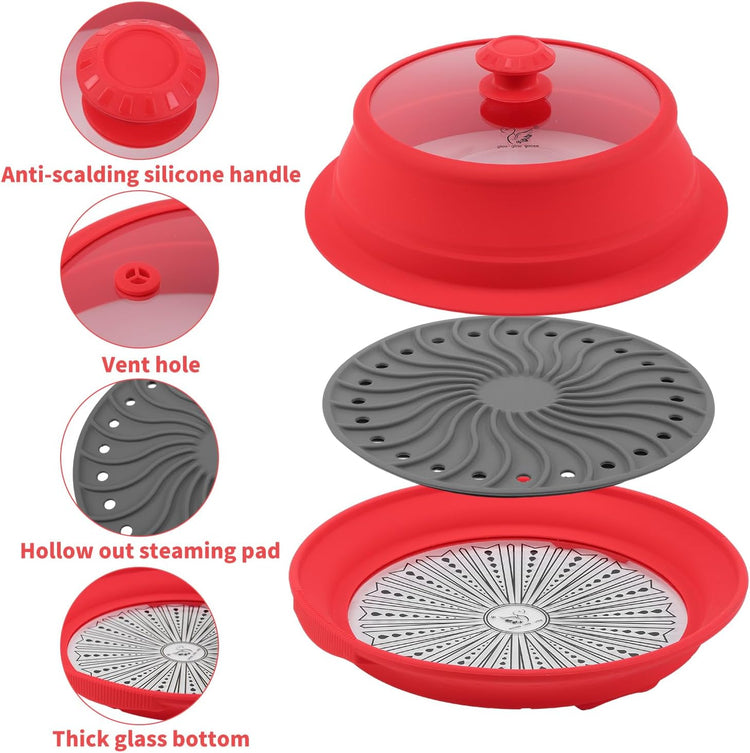 Microwave Splatter Silicone Cover Collapsible Steamer, Vented Multifunction Splash Lid with Glass Dish Bowl Plate for Food Cooking Bacon Maker, Dishwasher Safe BPA-Free 10.5 inch Cookware Set