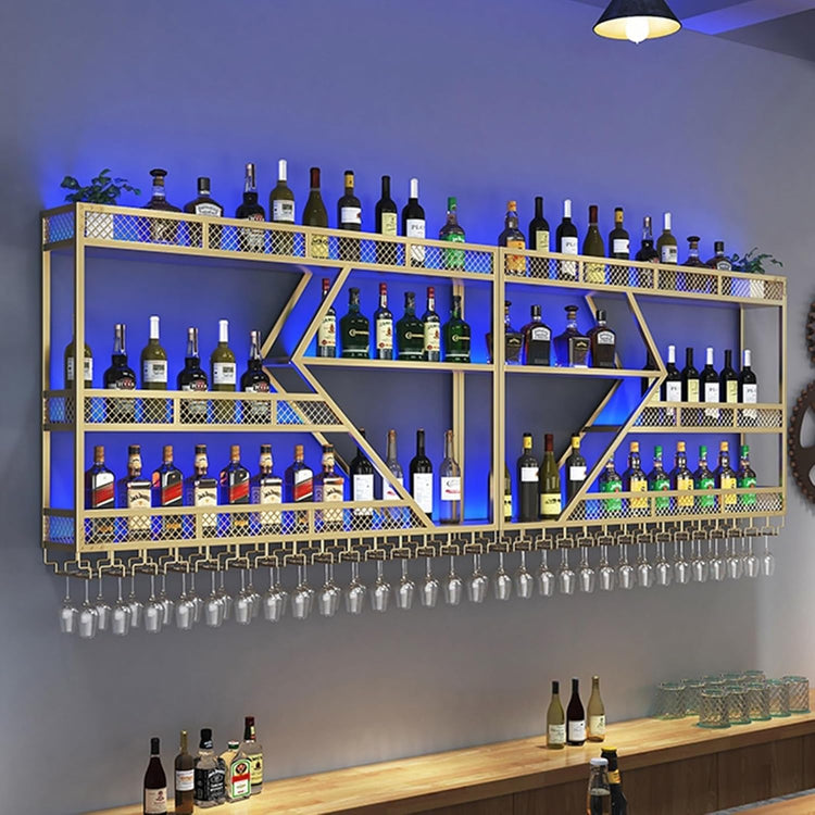 Metal Wine Rack Wall Mounted, Modern Wine Storage Rack Wall Mounted with Wine Glass Holder, Liquor Shelf, Bar Shelves for Liquor Bottles (3TIERS Gold, 78.7 * 7.87 * 33.85INCH)