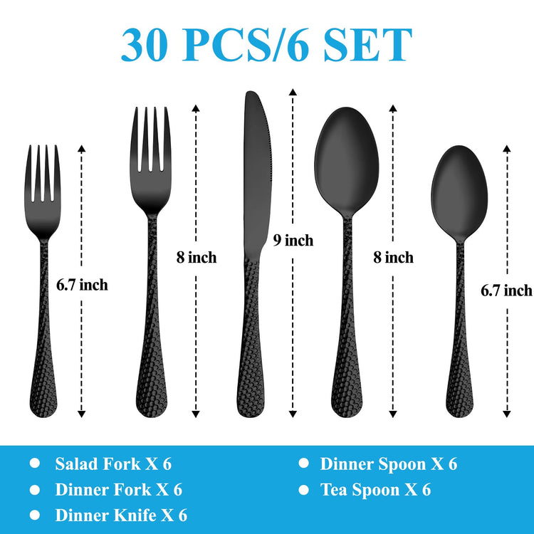 30 Pcs Black Hammered Silverware Set Service for 6 (30 Count)