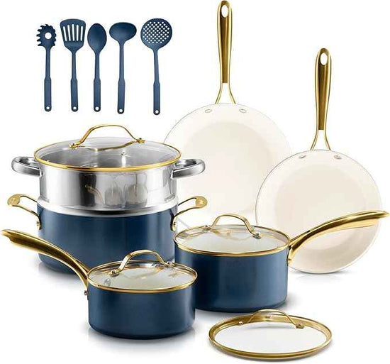 Gotham Steel 15 Pc Ceramic Pots and Pans Set Non Stick, Kitchen Cookware Sets, Pot and Pan Set, Ceramic Cookware Set, Non Toxic Cookware Set, Non Stick Pots and Pan Set, Dishwasher Safe - Navy