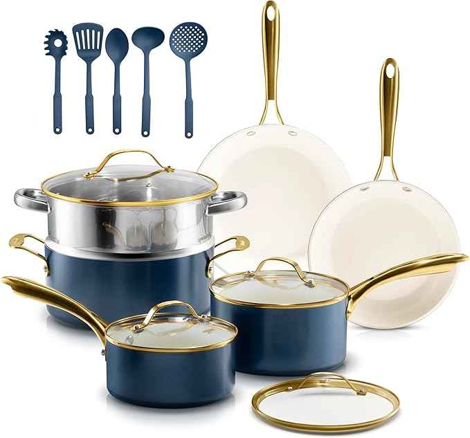 Gotham Steel 15 Pc Ceramic Pots and Pans Set Non Stick, Kitchen Cookware Sets, Pot and Pan Set, Ceramic Cookware Set, Non Toxic Cookware Set, Non Stick Pots and Pan Set, Dishwasher Safe - Navy
