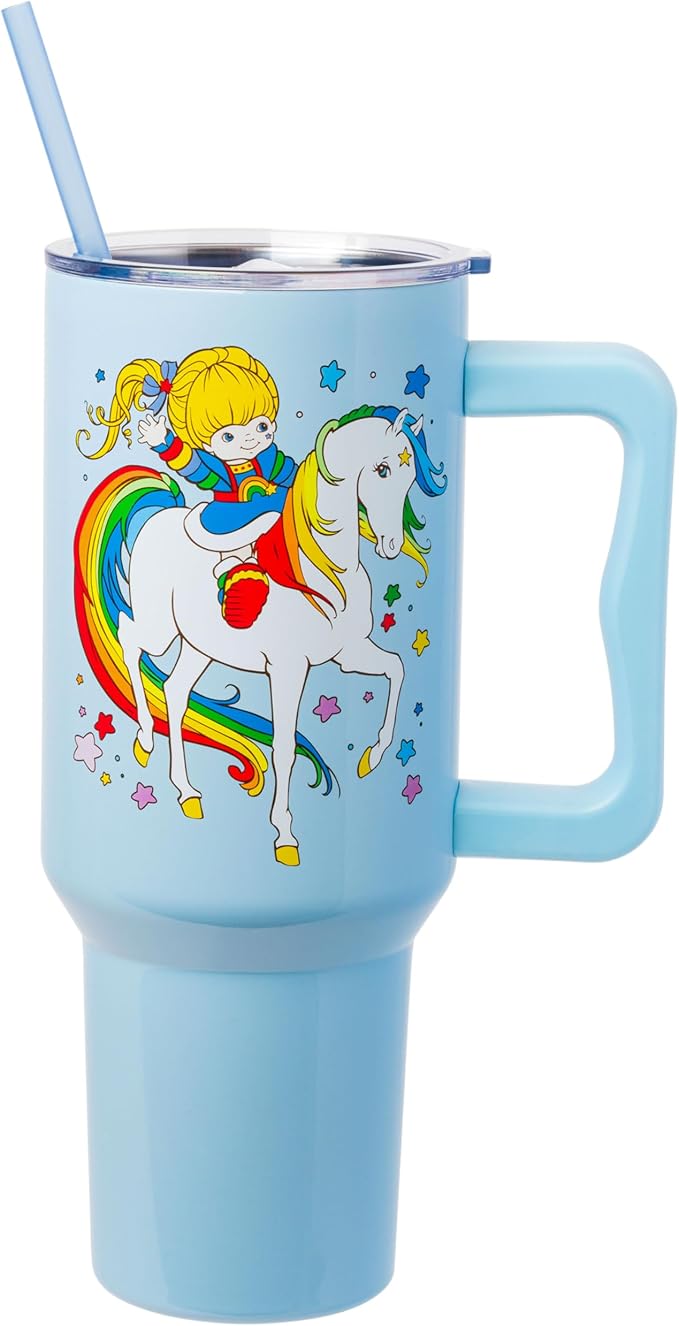 Silver Buffalo Rainbow Brite Featuring Starlite Stars Double Walled Stainless Steel Tumbler with Handle and Straw, Fits in Standard Cup Holder, 40 Ounces