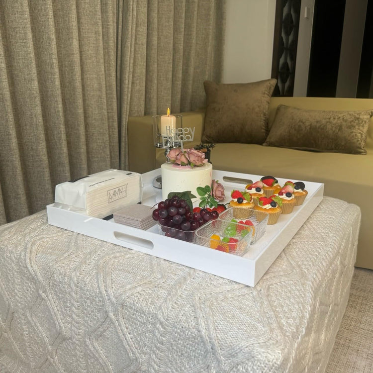 White Modern Acrylic Ottoman Tray with Cutout Handles 22x22 Inch Over