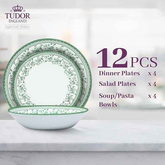 Tudor Royal 12-Piece Round Porcelain Dinnerware Set, Service for 4 - Aster Green Design, Multicolor Floral, Plates Bowls Mugs Dishes, Premium Quality Tableware, Unique Pattern, Glossy