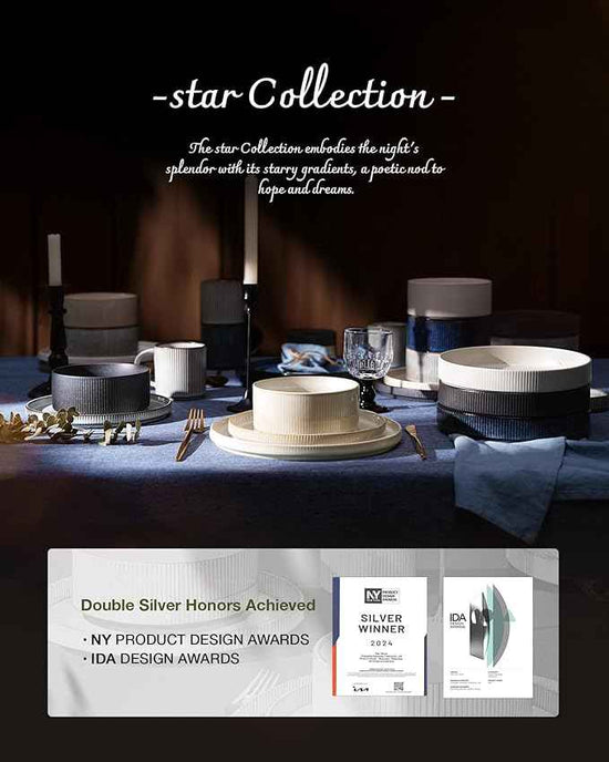 famiware Star Dinnerware Set with Pasta Bowls, Service for 6 (24 Pieces), Ribbed Stoneware Plates and Double Bowls Sets - Chip & Scratch Resistant, Microwave & Dishwasher Safe Dishes, Matte White